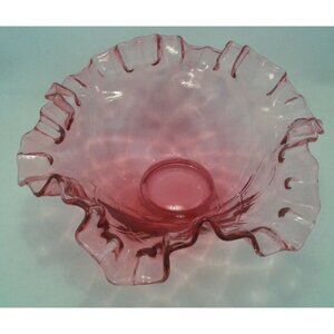 Fenton Cranberry Ruffled Quilted Diamond Optic Glass Bowl Vintage